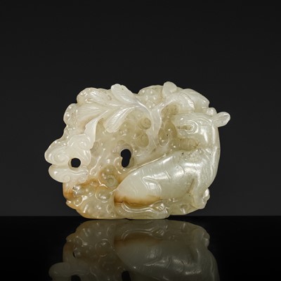 Lot 214 - A PALE CELADON AND RUSSET JADE ‘TIGER AND LINGZHI’ PLAQUE, LIAO-JIN DYNASTY