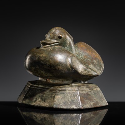 Lot 486 - A LARGE AND HEAVY ‘MANDARIN DUCK’ BRONZE WEIGHT, BURMA, 19TH CENTURY