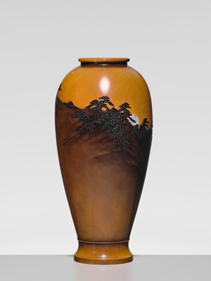 Lot 15 - JOMI EISUKE II: A SUPERB INLAID BRONZE ‘FULL MOON RISING ABOVE A PINE GROVE’ VASE
