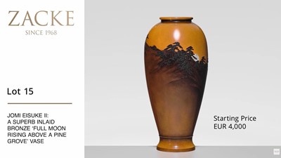 Lot 15 - JOMI EISUKE II: A SUPERB INLAID BRONZE ‘FULL MOON RISING ABOVE A PINE GROVE’ VASE