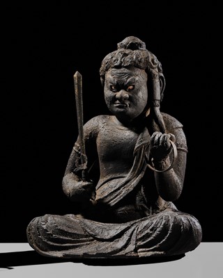 AN IMPRESSIVE LACQUERED WOOD FIGURE OF FUDO MYO-O (ACALA), NANBOKUCHO PERIOD