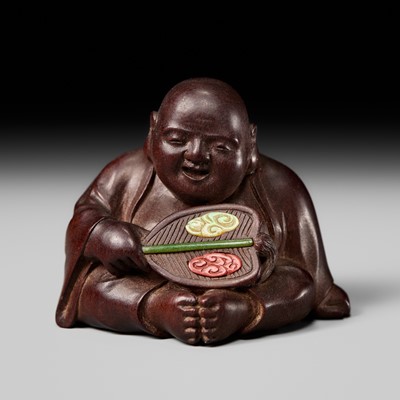 SOYA: A FINE SO SCHOOL INLAID WOOD NETSUKE OF HOTEI