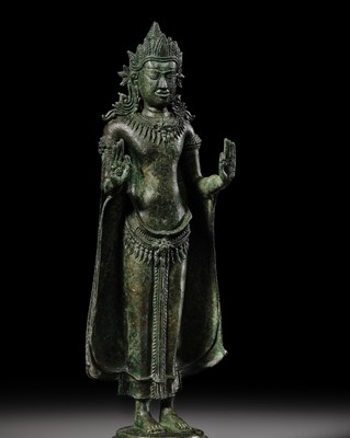 A BRONZE FIGURE OF THE CROWNED BUDDHA, THAILAND, LOPBURI, 12TH-13TH CENTURY