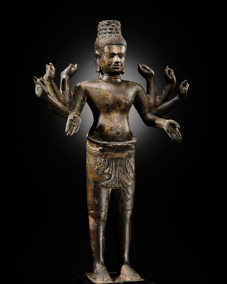 Lot 428 - A RARE AND IMPORTANT BRONZE FIGURE OF MAITREYA, ANGKOR PERIOD, BAKHENG STYLE, EARLY 10TH CENTURY