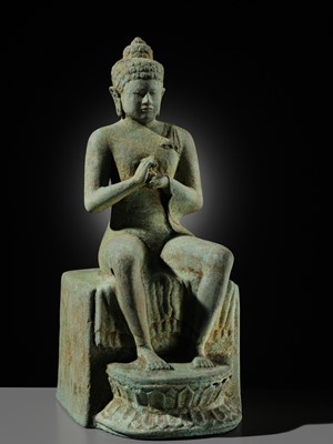 Lot 500 - A LARGE BRONZE FIGURE OF THE ENTHRONED BUDDHA, CENTRAL JAVA, INDONESIA, CIRCA 8TH-10TH CENTURY