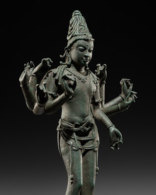 Lot 509 - A LARGE BRONZE FIGURE OF AVALOKITESHVARA AMOGHAPASHA, CENTRAL JAVA, 9TH-13TH CENTURY