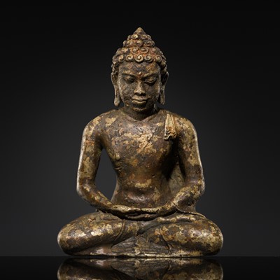 Lot 455 - A BRONZE FIGURE OF BUDDHA, MON-DVARAVATI PERIOD, 8TH-10TH CENTURY