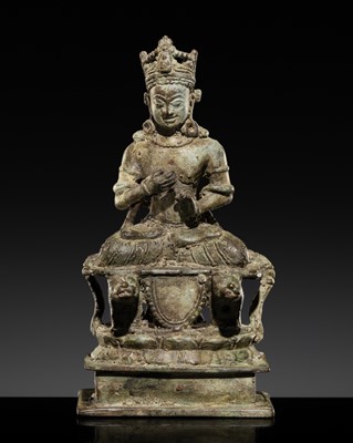 Lot 410 - A BRONZE FIGURE OF BUDDHA VAIROCANA ON A LION THRONE, SWAT VALLEY, 7TH CENTURY