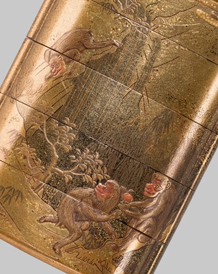 MUNETOSHI: A FINE FOUR-CASE GOLD LACQUER ‘MONKEYS AND SWALLOWS’ INRO