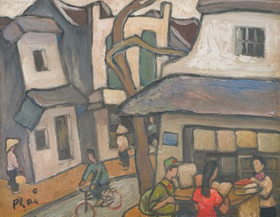 Lot 477 - XUAN PHAI BUI (1920-1988): TOWN IN VIETNAM WITH BIKE-RIDER