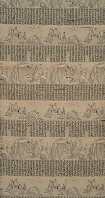 Lot 300 - A RARE AND LARGE (4 M) TAPESTRY WOVEN WITH SUTRA TEXTS AND BUDDHIST SCENES, QING DYNASTY