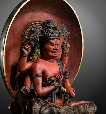 AN IMPRESSIVE GILT AND POLYCHROMED WOOD FIGURE OF AIZEN MYO-O, MUROMACHI PERIOD