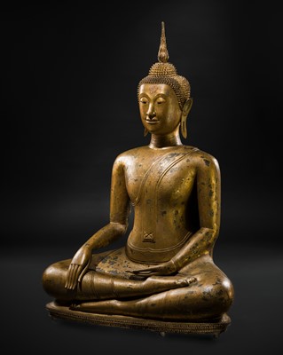 Lot 465 - A LARGE GILT-LACQUERED BRONZE FIGURE OF BUDDHA MARAVIJAYA, LATE AYUTTHAYA PERIOD, 18TH TO EARLY 19TH CENTURY
