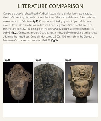 Lot 248 - A LARGE SCHIST HEAD OF A BODHISATTVA WITH A ‘KĪRTIMUKHA’ TURBAN, GANDHARA, 4TH–5TH CENTURY, FORMERLY IN THE COLLECTION OF BEGUM BAKHT ZEBA