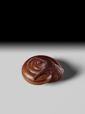 Lot 192 - TADAYUKI: A FINE NAGOYA SCHOOL WOOD NETSUKE OF A SNAIL EMERGING FROM ITS SHELL