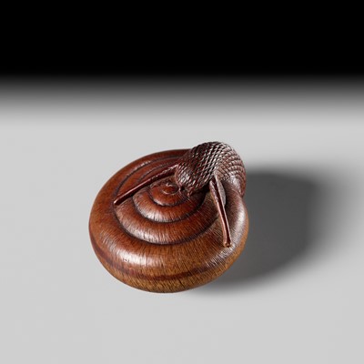 Lot 192 - TADAYUKI: A FINE NAGOYA SCHOOL WOOD NETSUKE OF A SNAIL EMERGING FROM ITS SHELL