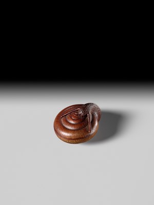 Lot 192 - TADAYUKI: A FINE NAGOYA SCHOOL WOOD NETSUKE OF A SNAIL EMERGING FROM ITS SHELL