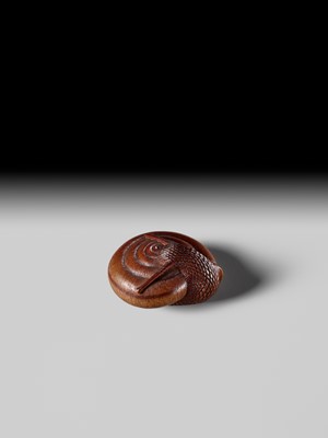 Lot 192 - TADAYUKI: A FINE NAGOYA SCHOOL WOOD NETSUKE OF A SNAIL EMERGING FROM ITS SHELL