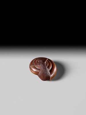 Lot 192 - TADAYUKI: A FINE NAGOYA SCHOOL WOOD NETSUKE OF A SNAIL EMERGING FROM ITS SHELL