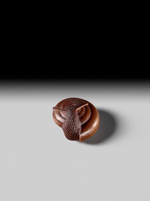 Lot 192 - TADAYUKI: A FINE NAGOYA SCHOOL WOOD NETSUKE OF A SNAIL EMERGING FROM ITS SHELL