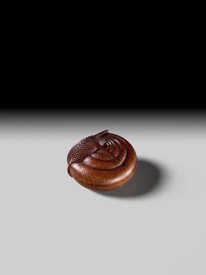 Lot 192 - TADAYUKI: A FINE NAGOYA SCHOOL WOOD NETSUKE OF A SNAIL EMERGING FROM ITS SHELL