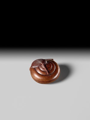 Lot 192 - TADAYUKI: A FINE NAGOYA SCHOOL WOOD NETSUKE OF A SNAIL EMERGING FROM ITS SHELL