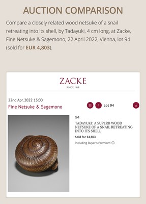 Lot 192 - TADAYUKI: A FINE NAGOYA SCHOOL WOOD NETSUKE OF A SNAIL EMERGING FROM ITS SHELL