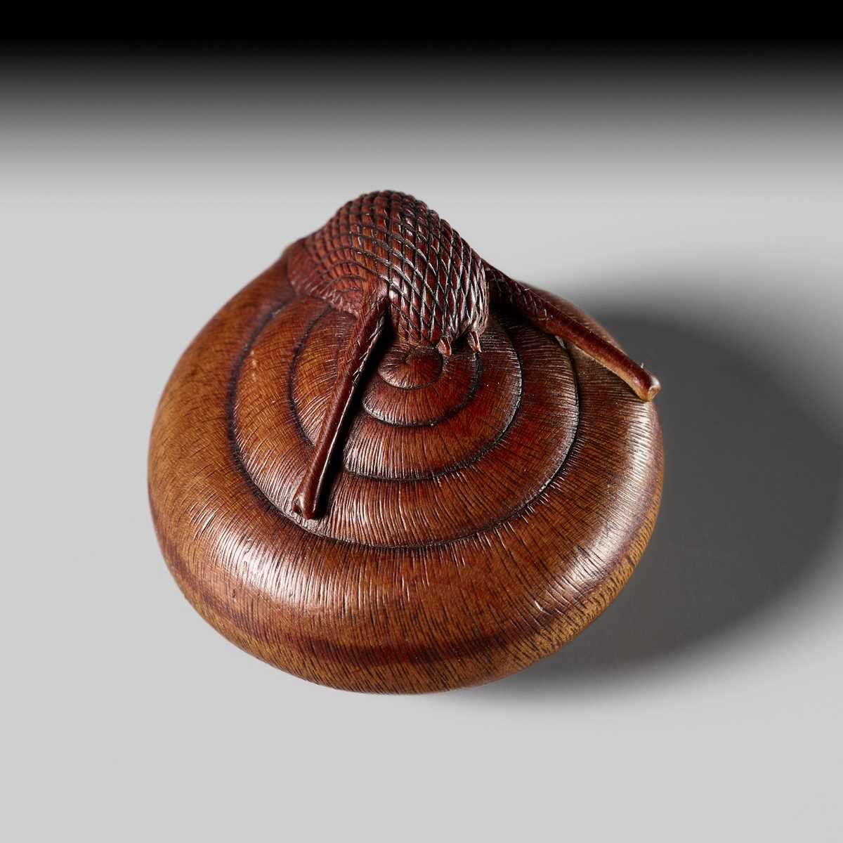 Lot 192 - TADAYUKI: A FINE NAGOYA SCHOOL WOOD NETSUKE OF A SNAIL EMERGING FROM ITS SHELL