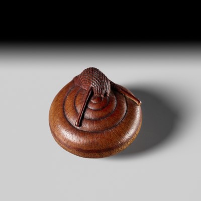 Lot 192 - TADAYUKI: A FINE NAGOYA SCHOOL WOOD NETSUKE OF A SNAIL EMERGING FROM ITS SHELL