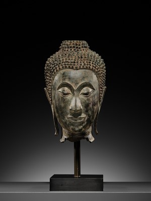 Lot 457 - A BRONZE HEAD OF BUDDHA, AYUTTHAYA KINGDOM, 15TH-16TH CENTURY