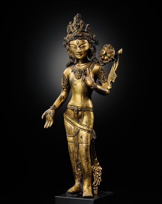 Lot 57 - A LARGE GILT-BRONZE FIGURE OF PADMAPANI AVALOKITESHVARA, NEPAL, 18TH CENTURY OR EARLIER