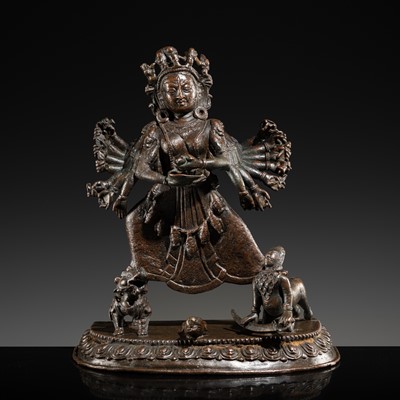 Lot 61 - A LARGE BRONZE FIGURE OF DURGA MAHISHASURAMARDINI, NEPAL, 18TH CENTURY