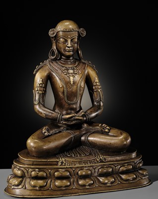Lot 46 - A RARE COPPER AND SILVER-INLAID BRONZE FIGURE OF KUNZANG AKOR, TIBET, 13TH-14TH CENTURY