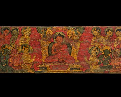 Lot 36 - A PAINTED WOOD MANUSCRIPT COVER DEPICTING THE FIRST SERMON OF BUDDHA, NEPAL, CIRCA 16TH CENTURY