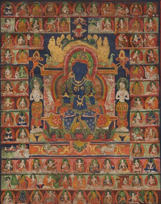 Lot 84 - A THANGKA OF VAJRADHARA AND THE EIGHTY-FOUR MAHASIDDHAS, TIBET, 16TH-17TH CENTURY
