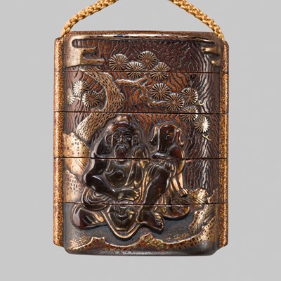 A RARE EARLY FOUR-CASE INLAID LACQUER ‘IMMORTALS AND HOUND’ INRO
