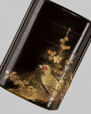 JOKASAI: A FOUR-CASE LAQUER INRO DEPICTING A PHEASANT AMID PLUM BLOSSOMS