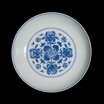 Lot 272 - A RARE BLUE AND WHITE ‘AUSPICIOUS CHARACTERS’ DISH, YONGZHENG MARK AND POSSIBLY OF THE PERIOD