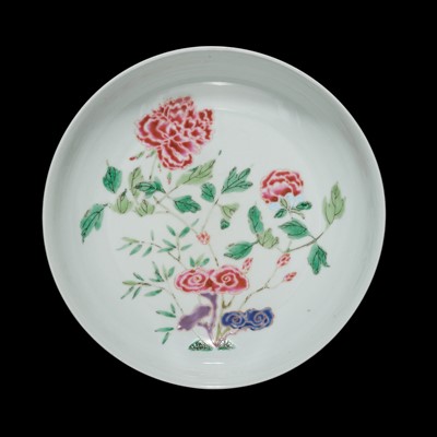 Lot 274 - A FAMILLE ROSE ‘PEONY AND LINGZHI‘ DISH, YONGZHENG MARK AND PROBABLY OF THE PERIOD