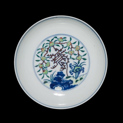 Lot 279 - A MING-STYLE DOUCAI ‘LONGEVITY’ DISH, QIANLONG MARK AND PROBABLY OF THE PERIOD
