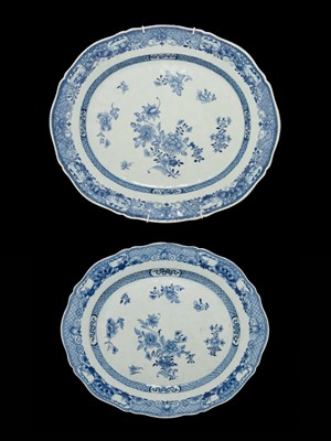 Lot 280 - A GROUP OF TWO BLUE AND WHITE FOLIATE OVAL ‘CHRYSANTHEMUM AND PEONY’ SERVING DISHES, QIANLONG PERIOD