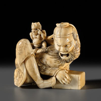 SHUNKOSAI CHOGETSU: A LARGE AND SUPERB MARINE IVORY NETSUKE OF SHOKI AS A RAT CATCHER