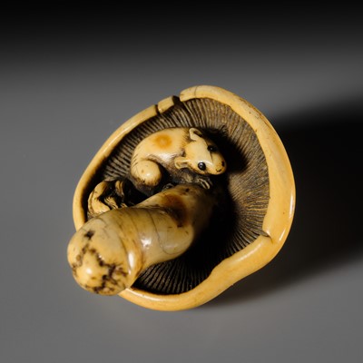 A RARE IVORY NETSUKE OF A DORMOUSE AND MUSHROOM