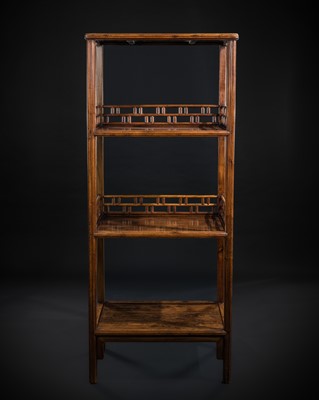 Lot 183 - A RARE PEACHWOOD (TAOMU) THREE-SHELF BOOKCASE, JIAGE, CIRCA 1770