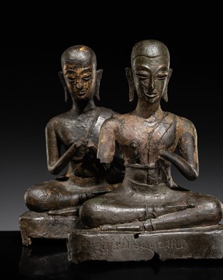 Lot 466 - A PAIR OF BRONZE FIGURES OF SARIPUTRA AND MAUDGALYAYANA, AYUTTHAYA PERIOD