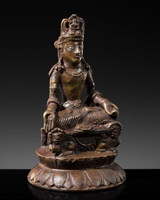Lot 413 - A SILVER-INLAID BRONZE FIGURE OF MAITREYA ON A LION THRONE, KASHMIR