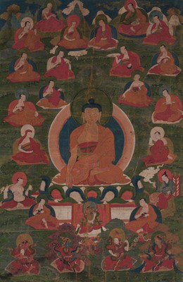 Lot 95 - A FINE THANGKA OF BUDDHA SHAKYAMUNI WITH THE SIXTEEN ARHATS, TIBET, 18TH-19TH CENTURY