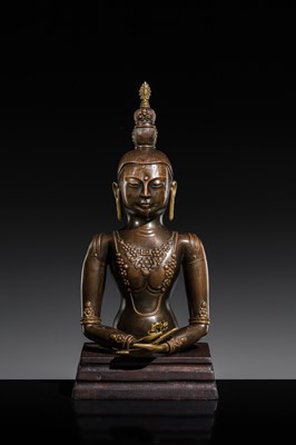 Lot 131 - A PARCEL-GILT COPPER REPOUSSÉ BUST OF AMITAYUS, DOLONNOR STYLE, 18TH-19TH CENTURY
