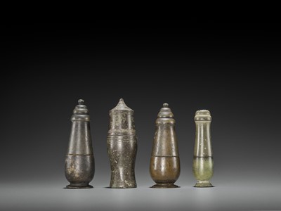 Lot 1305 - FOUR CHAM BRONZE BETEL NUT CONTAINERS