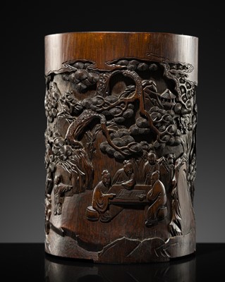 Lot 175 - AN INSCRIBED BAMBOO ‘WEIQI PLAYERS’ BRUSH POT, BITONG, DATED 1853